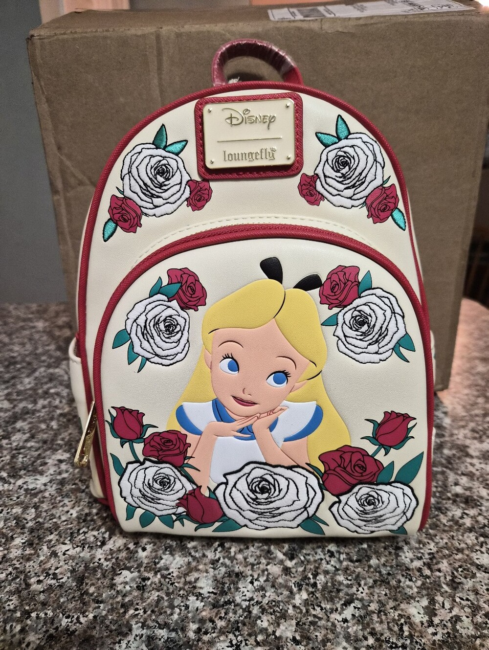 Loungefly Cream Alice Floral Mini Backpack with Red Accents
